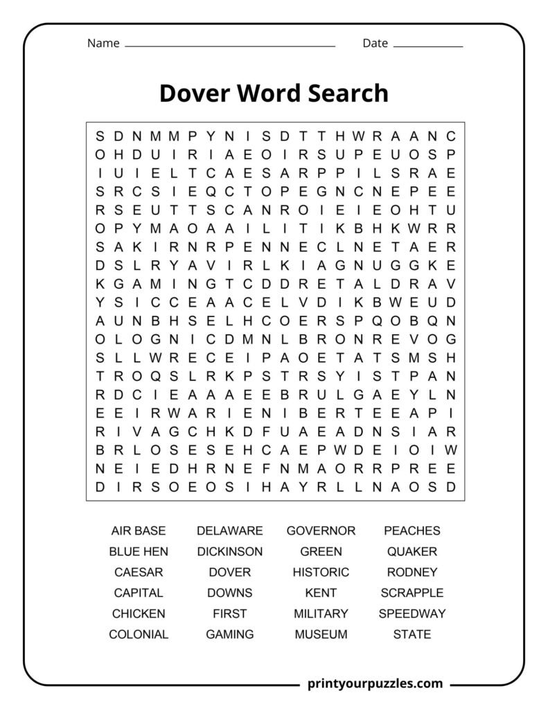Hard Dover word search puzzle with Delaware landmarks, history, and local culture terms.