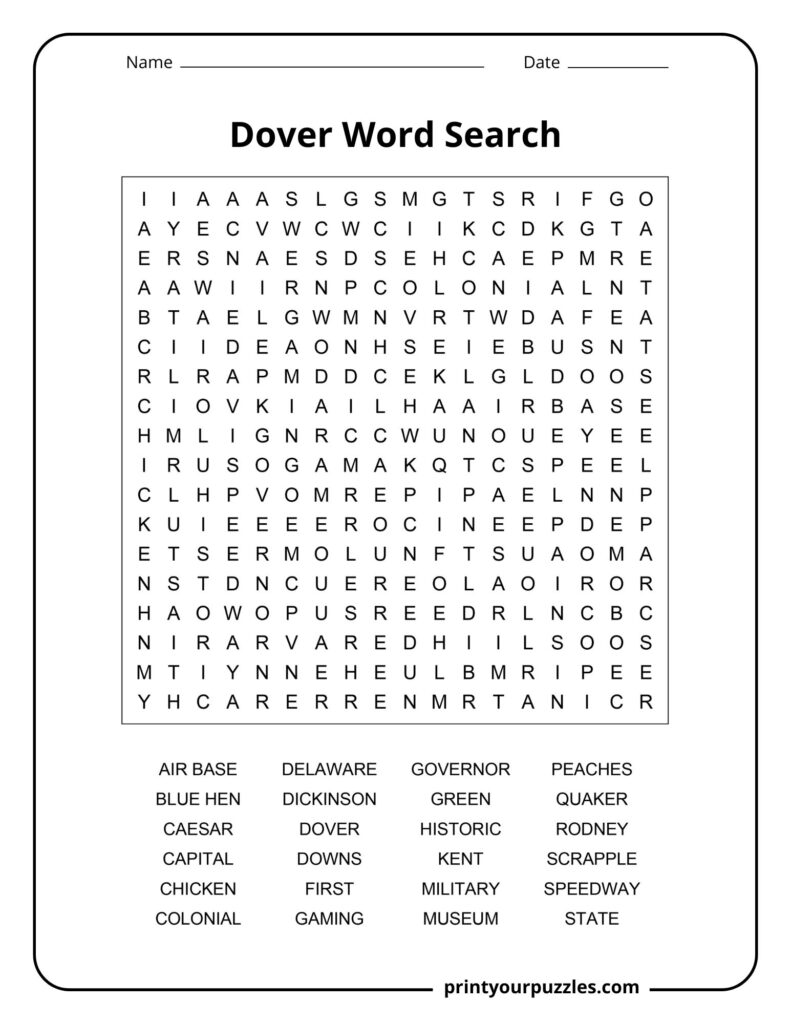 Medium difficulty Dover word search puzzle with Delaware symbols, history, and city highlights.