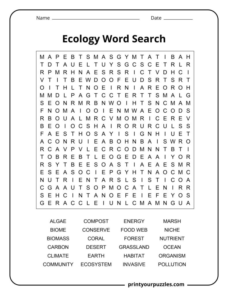 Hard ecology word search puzzle with 20 environmental terms in a large letter grid.