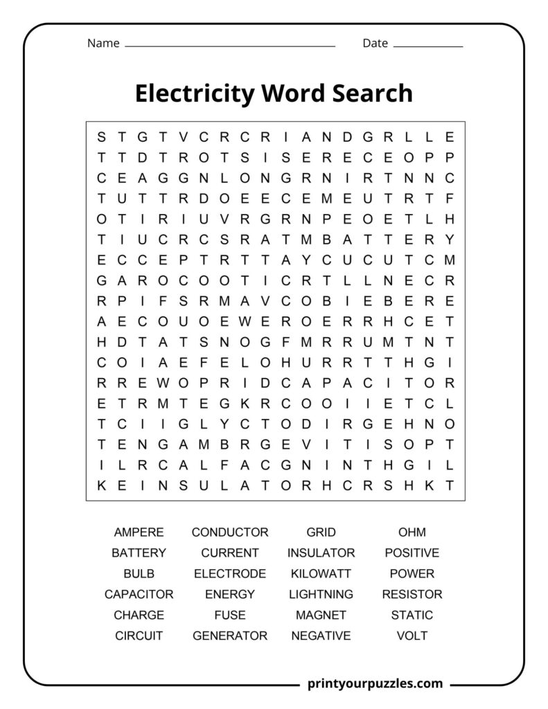 Medium difficulty electricity word search with essential electrical vocabulary words.