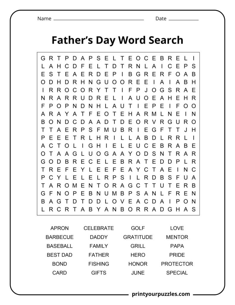 Father's Day word search puzzle featuring a large grid and themed vocabulary list celebrating dads and family.