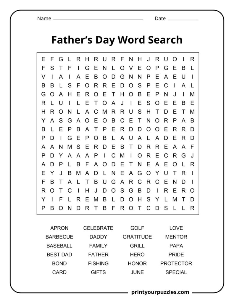Medium-difficulty Father’s Day word search featuring a balanced grid and a list of themed words honoring dads.