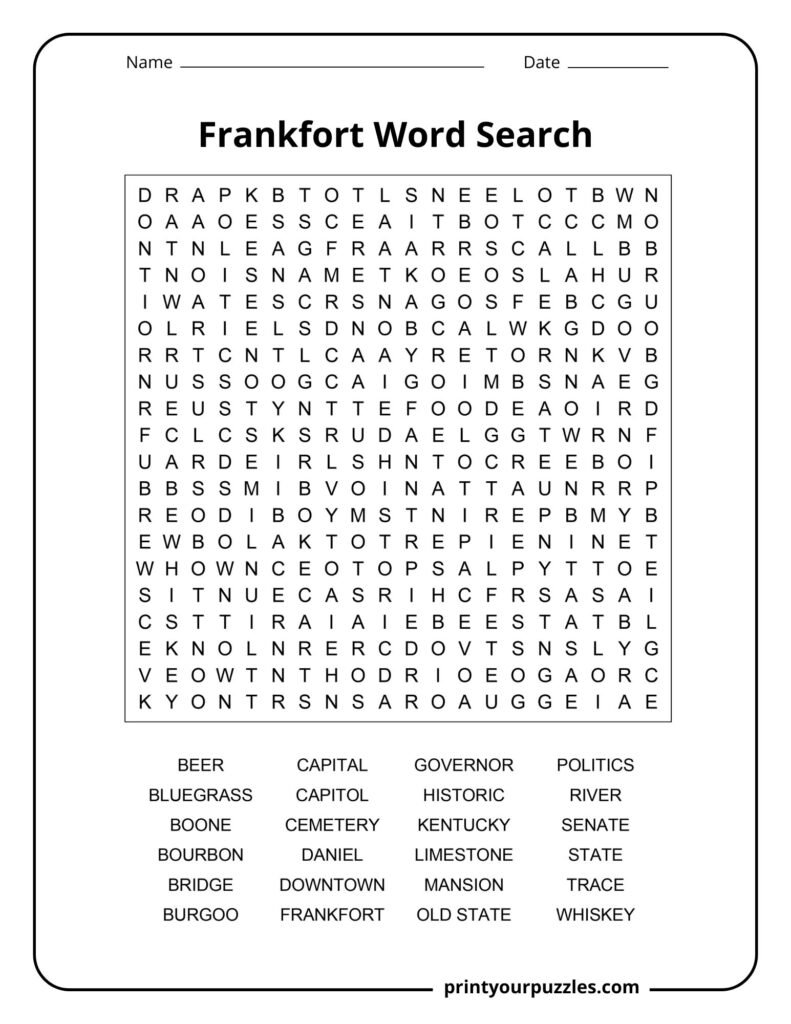 Challenging Frankfort word search featuring Kentucky history, bourbon culture, landmarks, and regional vocabulary.