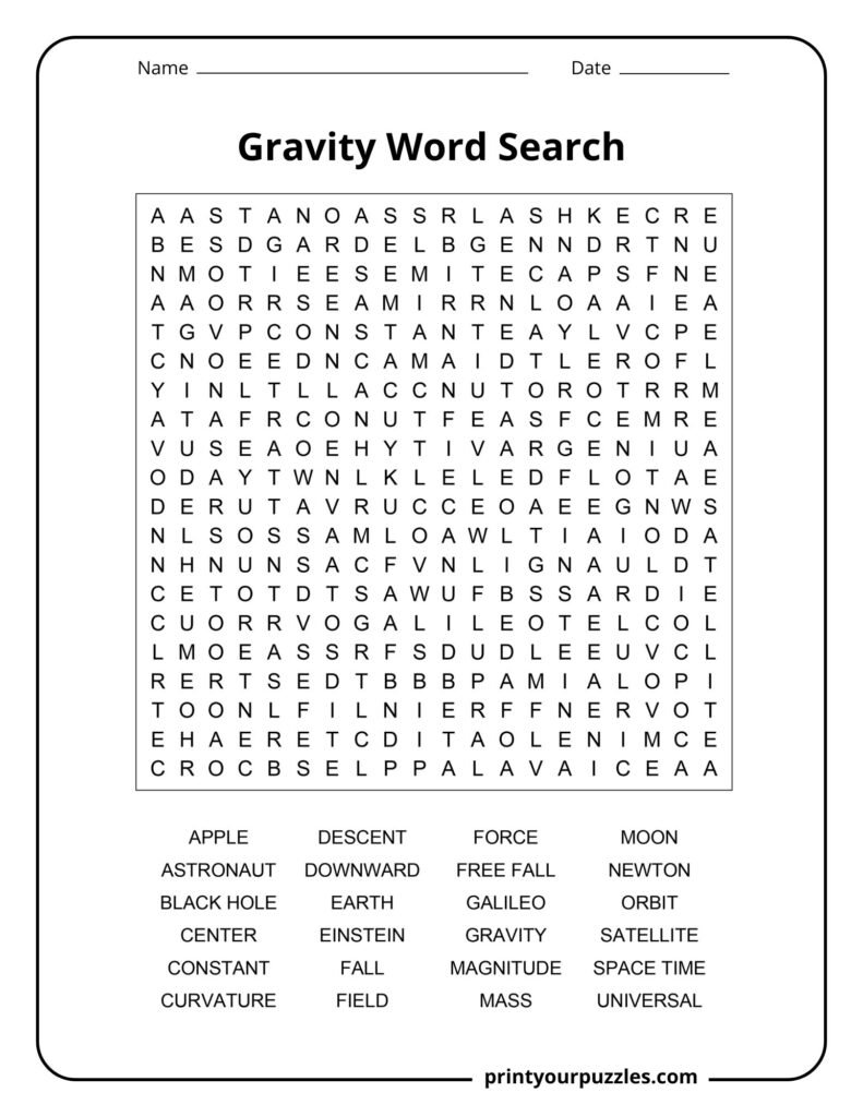 Hard gravity word search puzzle with advanced physics terms in a large printable grid.