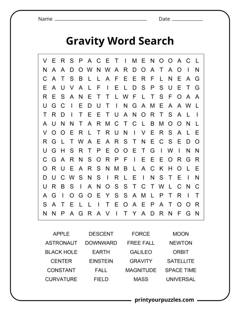 Medium gravity word search puzzle with key space and physics vocabulary terms.