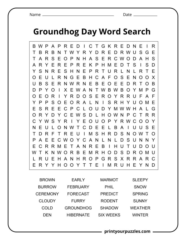 Groundhog Day word search puzzle with a large, challenging grid and themed vocabulary list about weather and groundhogs.