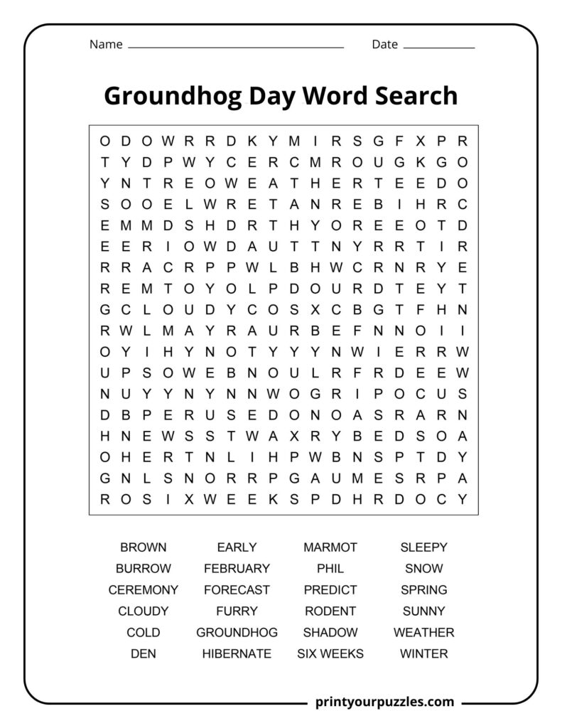 Medium-difficulty Groundhog Day word search with a clear grid layout and themed words related to weather, winter, and groundhogs.