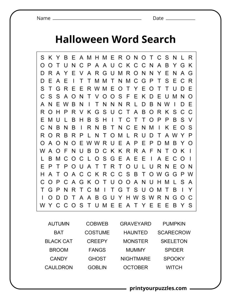 A challenging Halloween word search puzzle featuring spooky-themed words hidden throughout a dense letter grid.
