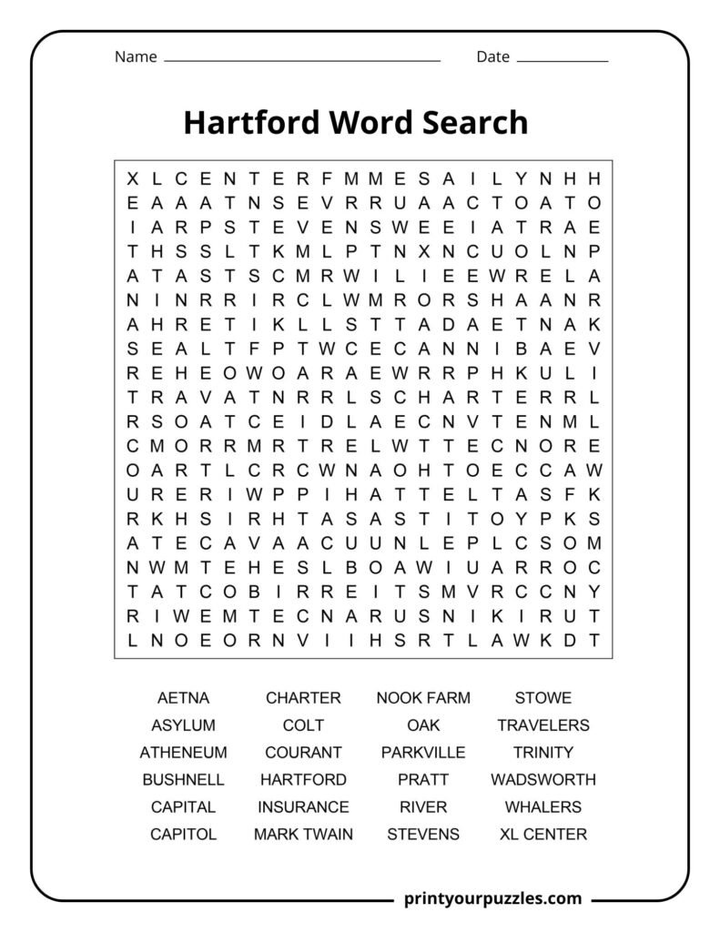 Hard Hartford word search puzzle featuring insurance, landmarks, and Connecticut history terms.