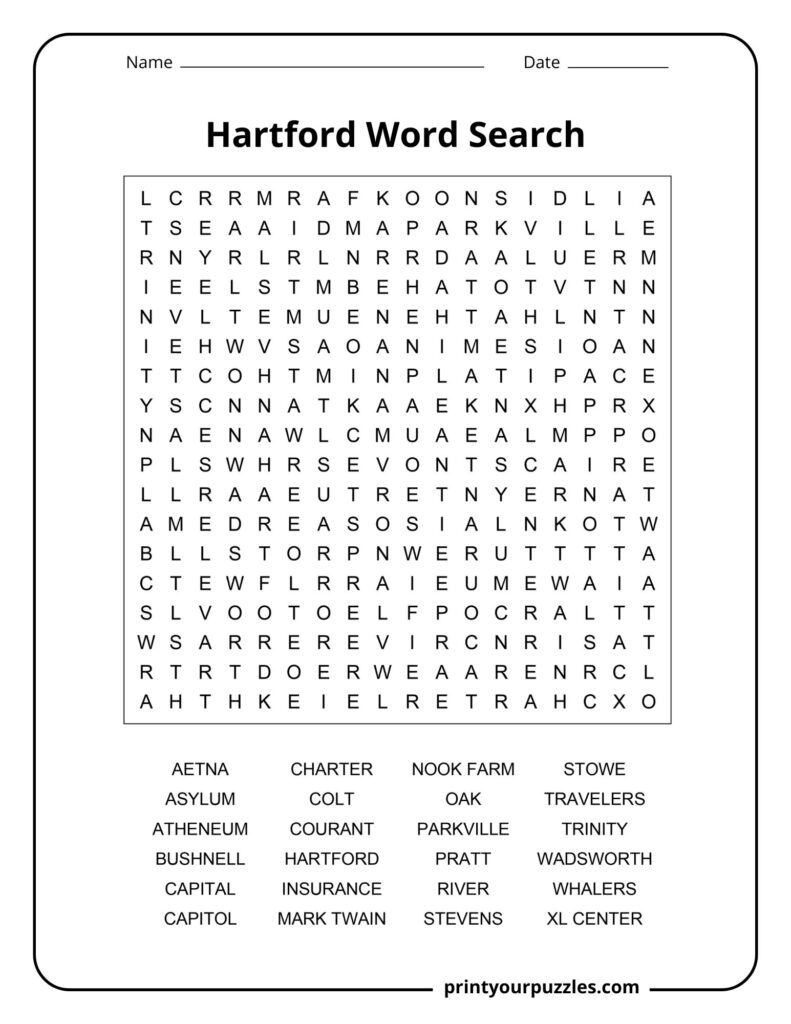 Medium difficulty Hartford word search puzzle with city landmarks and historic references.