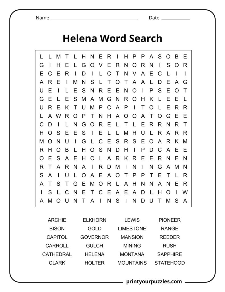 Medium Helena word search featuring Montana themes including mining, mountains, pioneers, and historic local landmarks.
