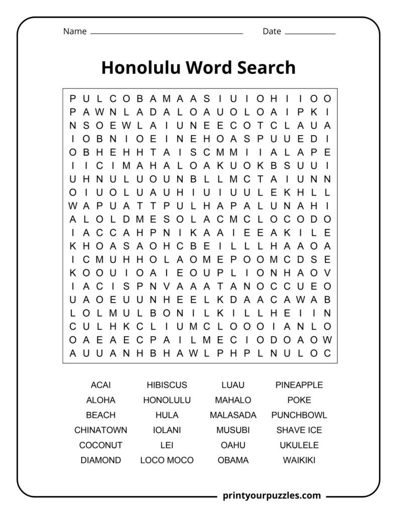 Honolulu Word Search hard puzzle with 20x20 grid and Hawaii-themed word list.