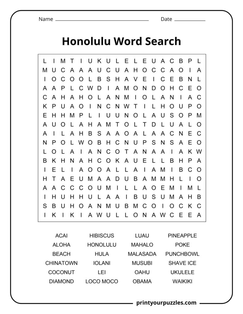 Honolulu Word Search medium puzzle with Hawaiian landmarks and cultural terms.