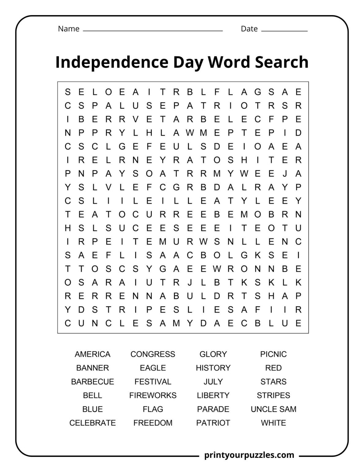 Independence Day Word Search | Print Your Puzzles