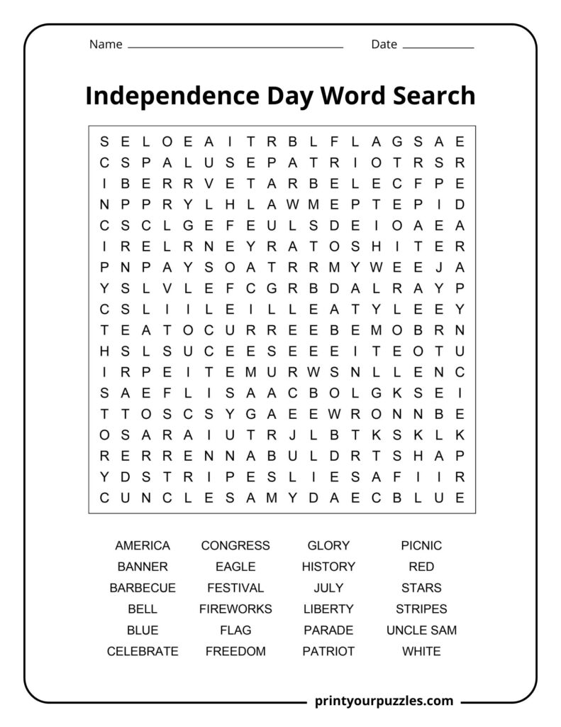 Medium-difficulty Independence Day word search featuring a compact grid and a list of patriotic vocabulary words.