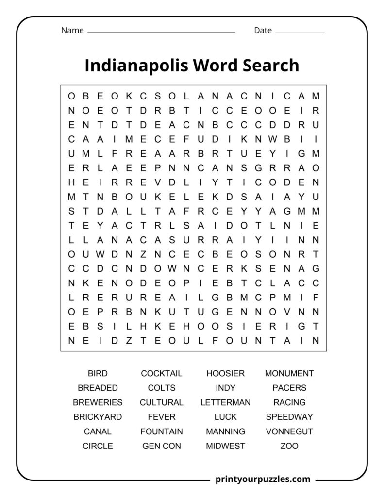 Medium-level Indianapolis word search with a clear grid and 24 city-related terms covering sports, culture, and landmarks.