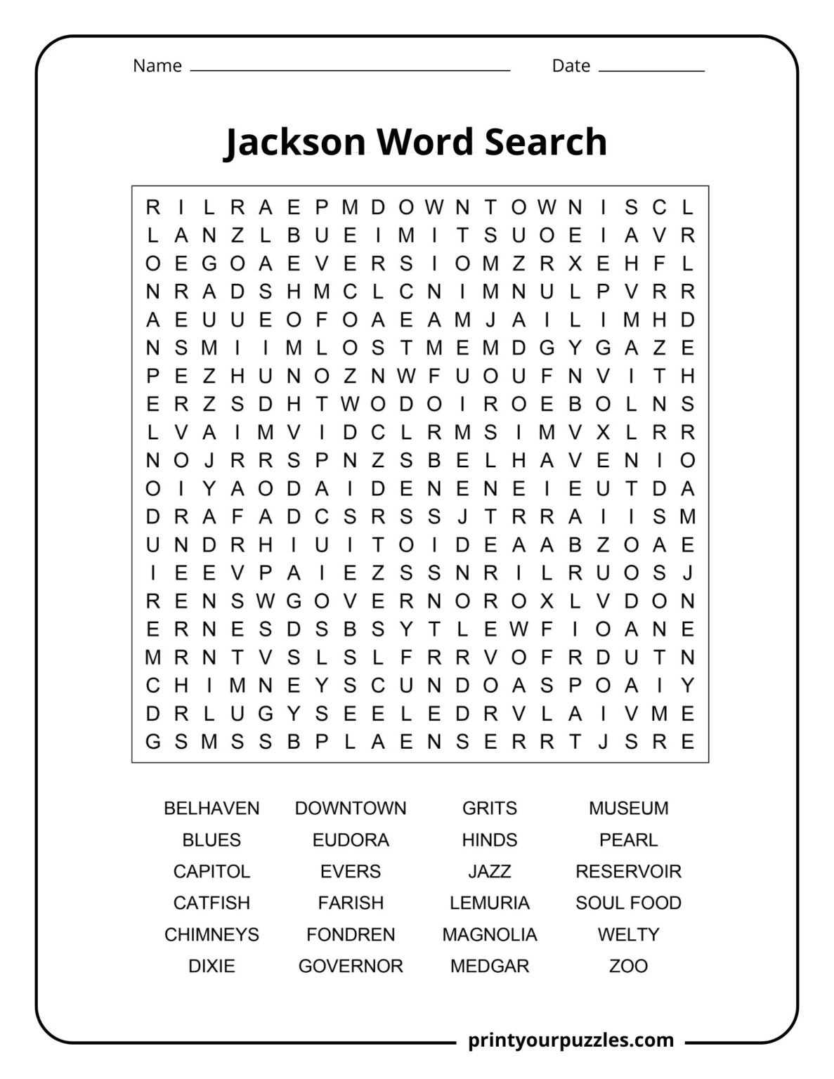 Jackson Word Search | Print Your Puzzles