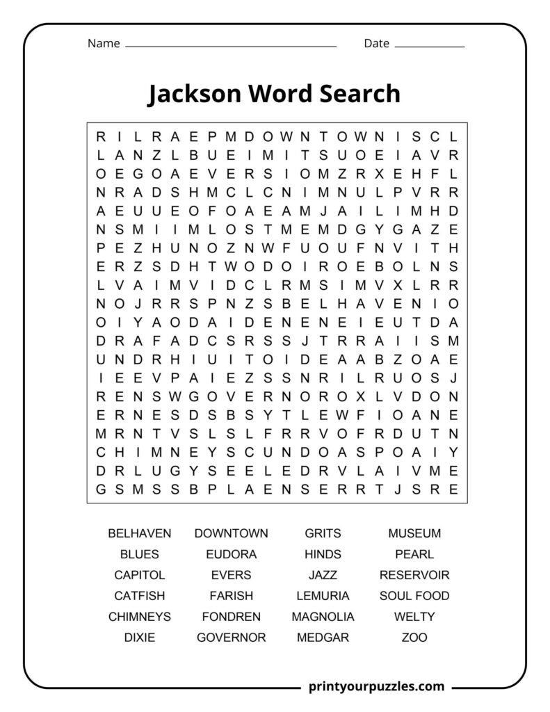 Challenging Jackson word search featuring Mississippi culture, music, food, landmarks, and historical names.