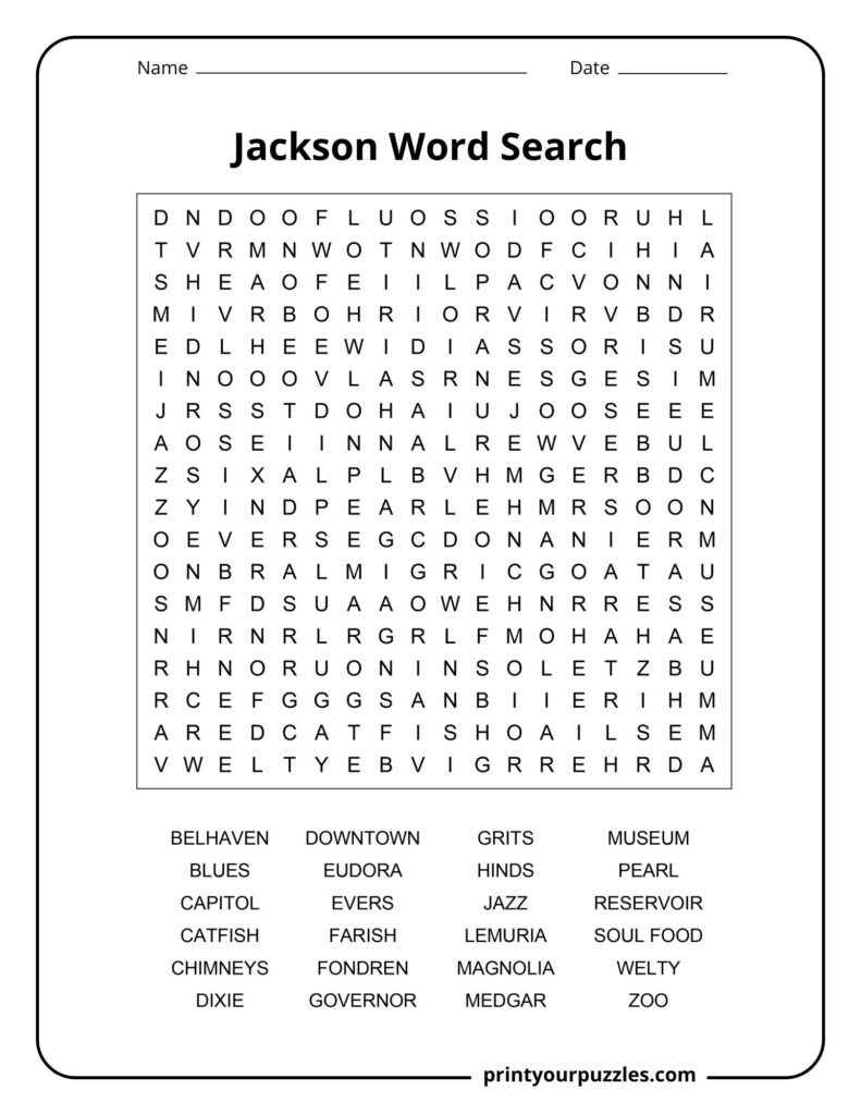 Medium Jackson word search featuring Mississippi-themed vocabulary about culture, neighborhoods, food, and music.