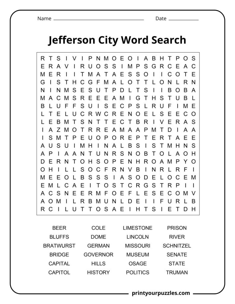Challenging Jefferson City word search featuring Missouri culture, government, German heritage, food, and landmarks.