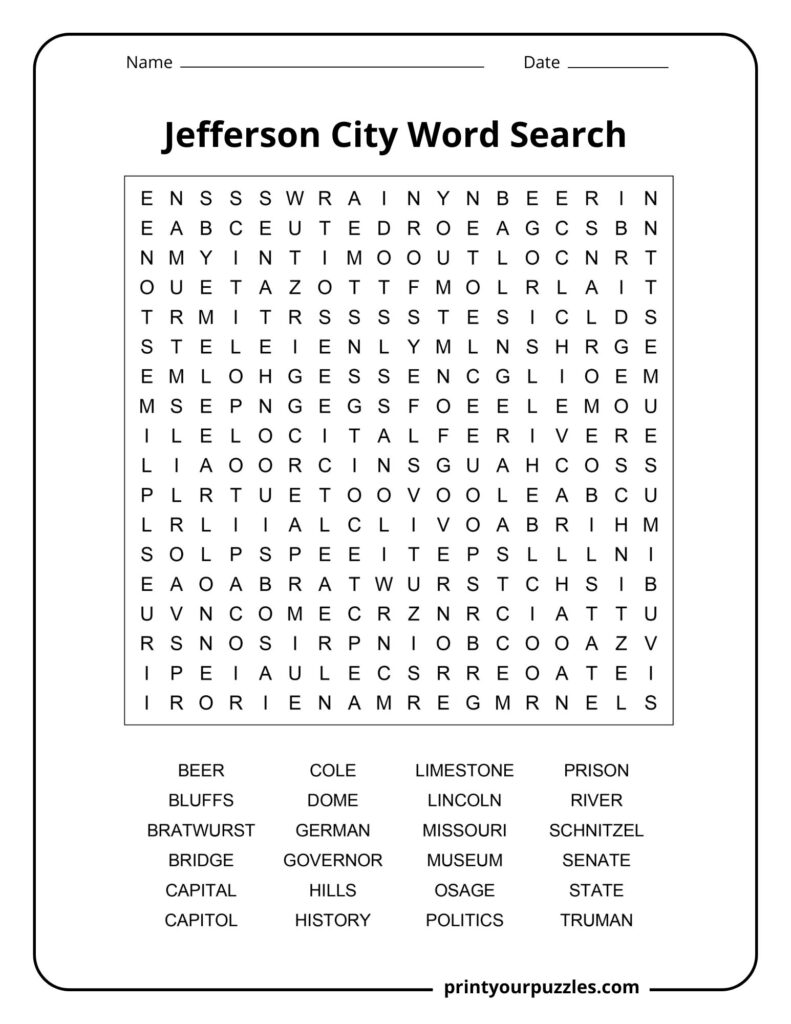 Medium Jefferson City word search featuring Missouri-themed vocabulary about history, politics, culture, and local landmarks.