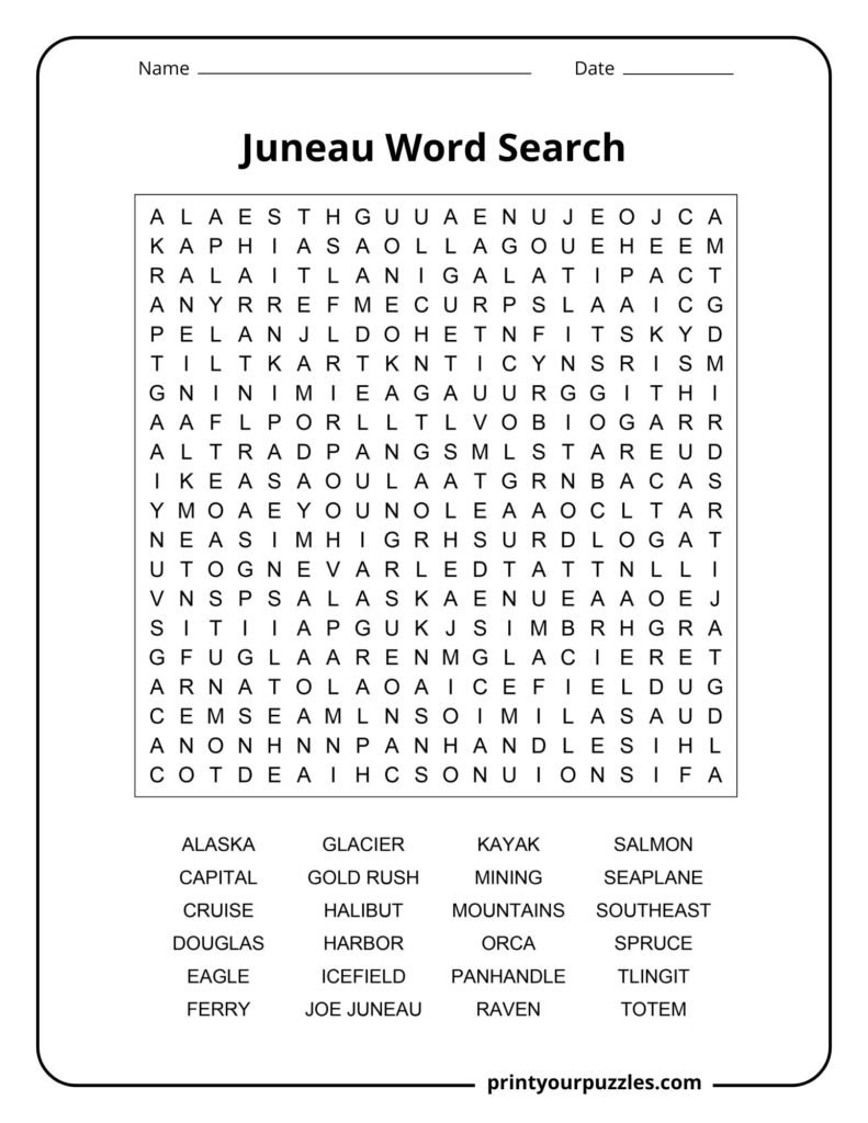 Hard Juneau word search puzzle featuring Alaska-themed words in a large letter grid.