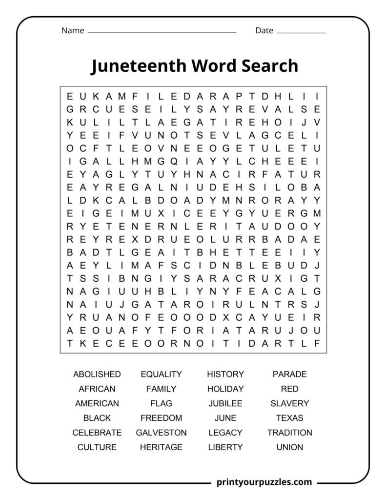 Challenging Juneteenth word search with a large grid and themed words like freedom, equality, heritage, and tradition.