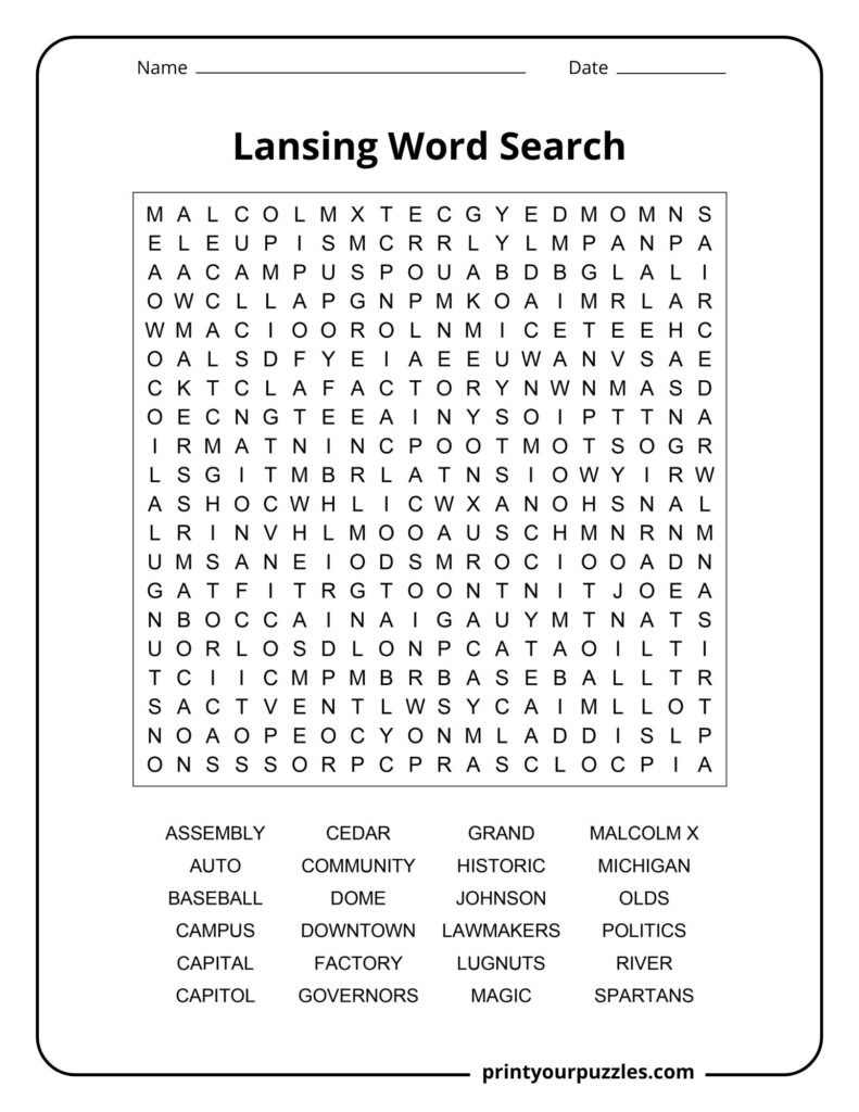 Challenging Lansing word search featuring Michigan history, government, sports, industry, and local cultural terms.