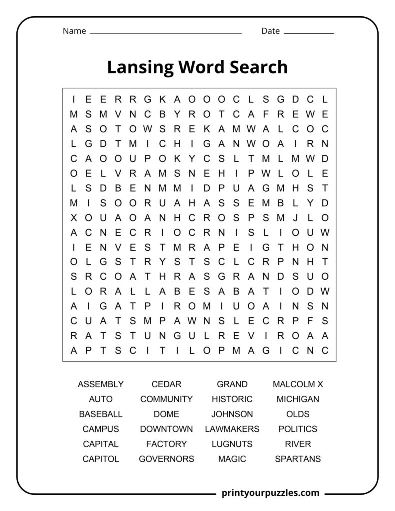 Medium Lansing word search featuring Michigan-themed vocabulary tied to politics, education, industry, and local culture.