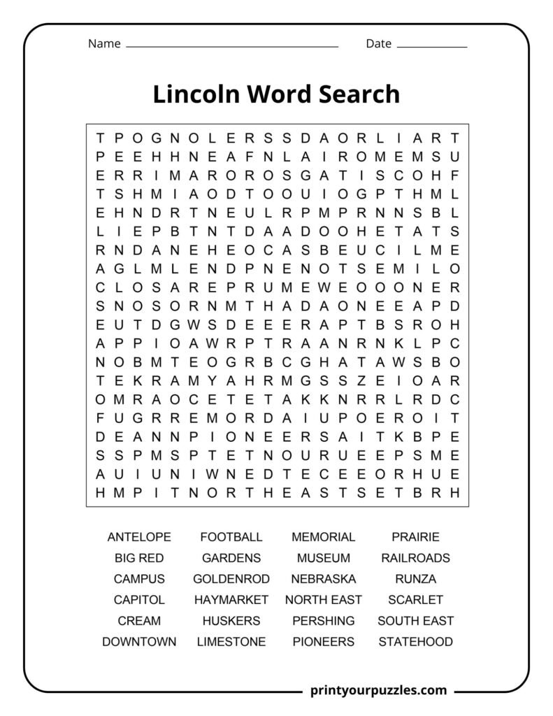 Challenging Lincoln word search featuring Nebraska history, campus culture, railroads, pioneers, and local landmarks.