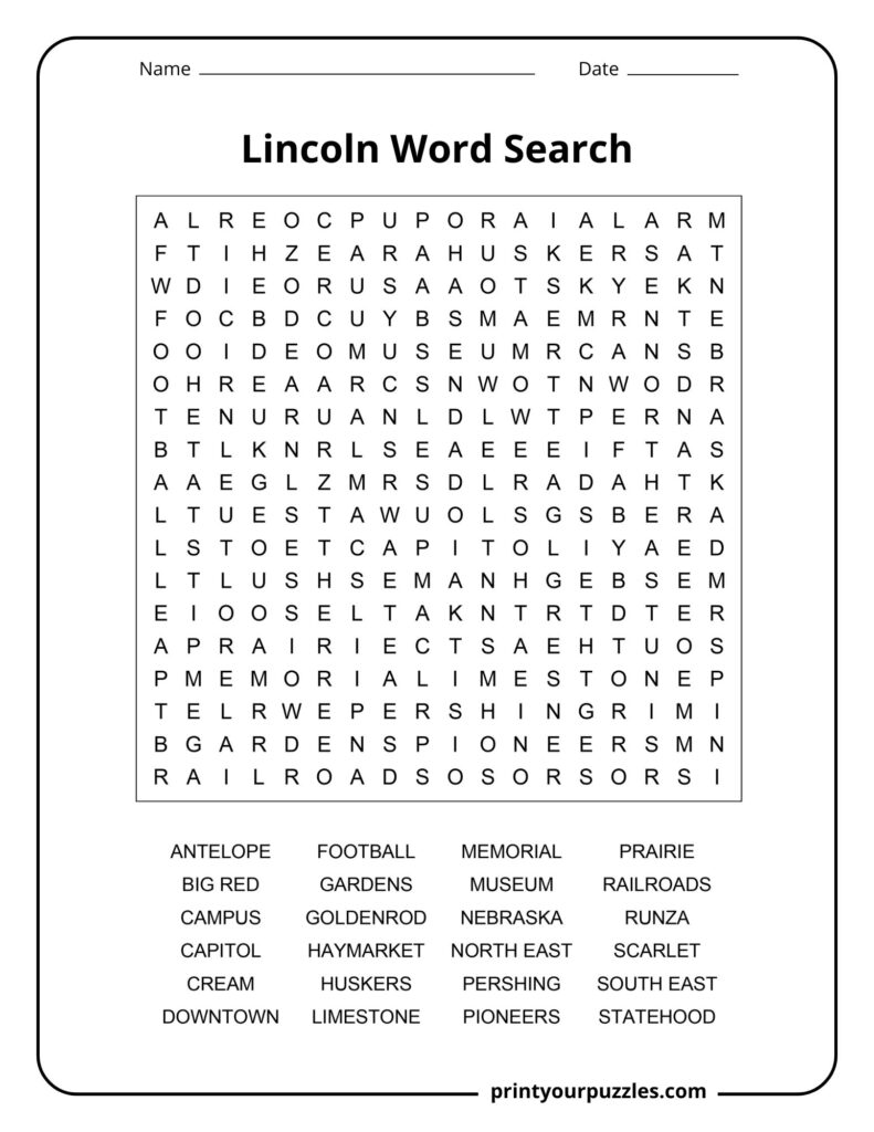 Medium Lincoln word search featuring Nebraska-themed vocabulary about sports, pioneers, history, railroads, and local culture.