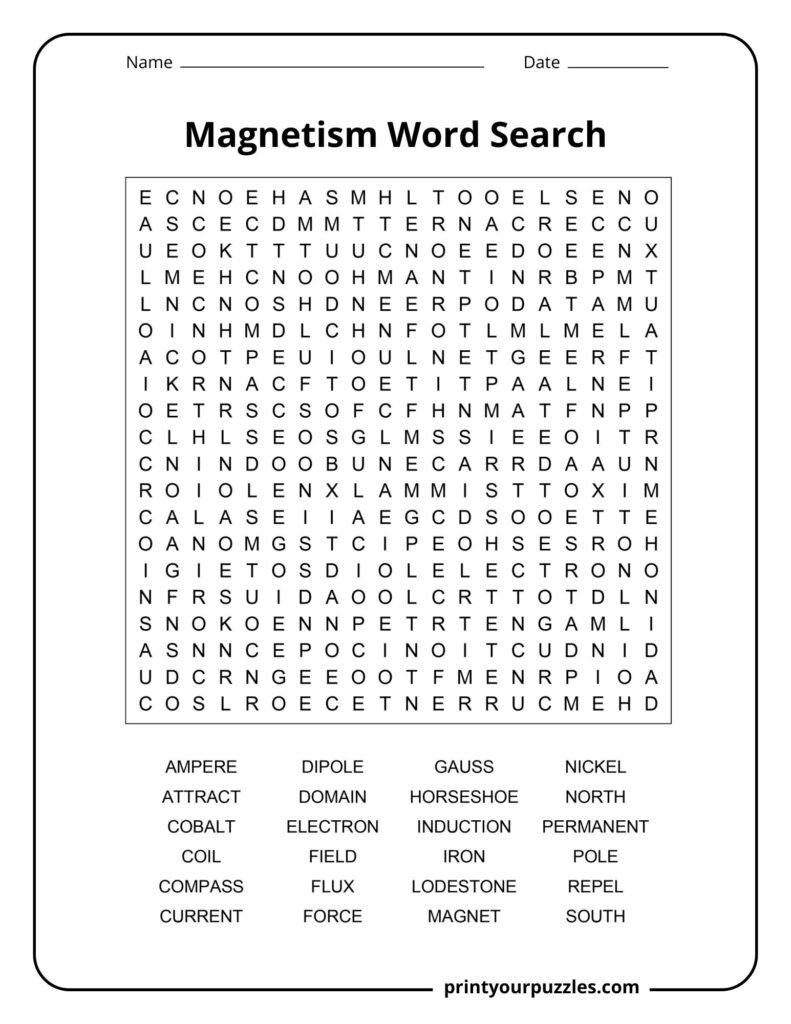 Magnetism word search puzzle featuring scientific terms like magnet, flux, induction, pole, and electron.