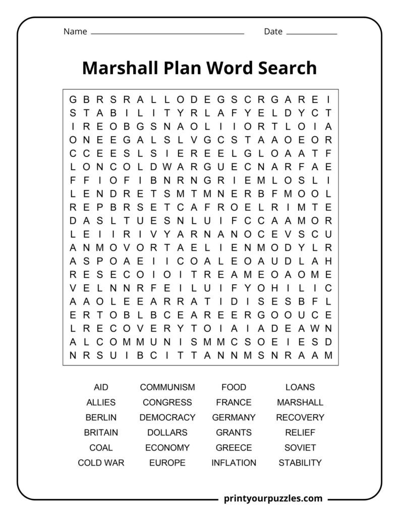 Marshall Plan hard word search puzzle with a dense 20x20 grid and historical terms like aid, recovery, and Europe.