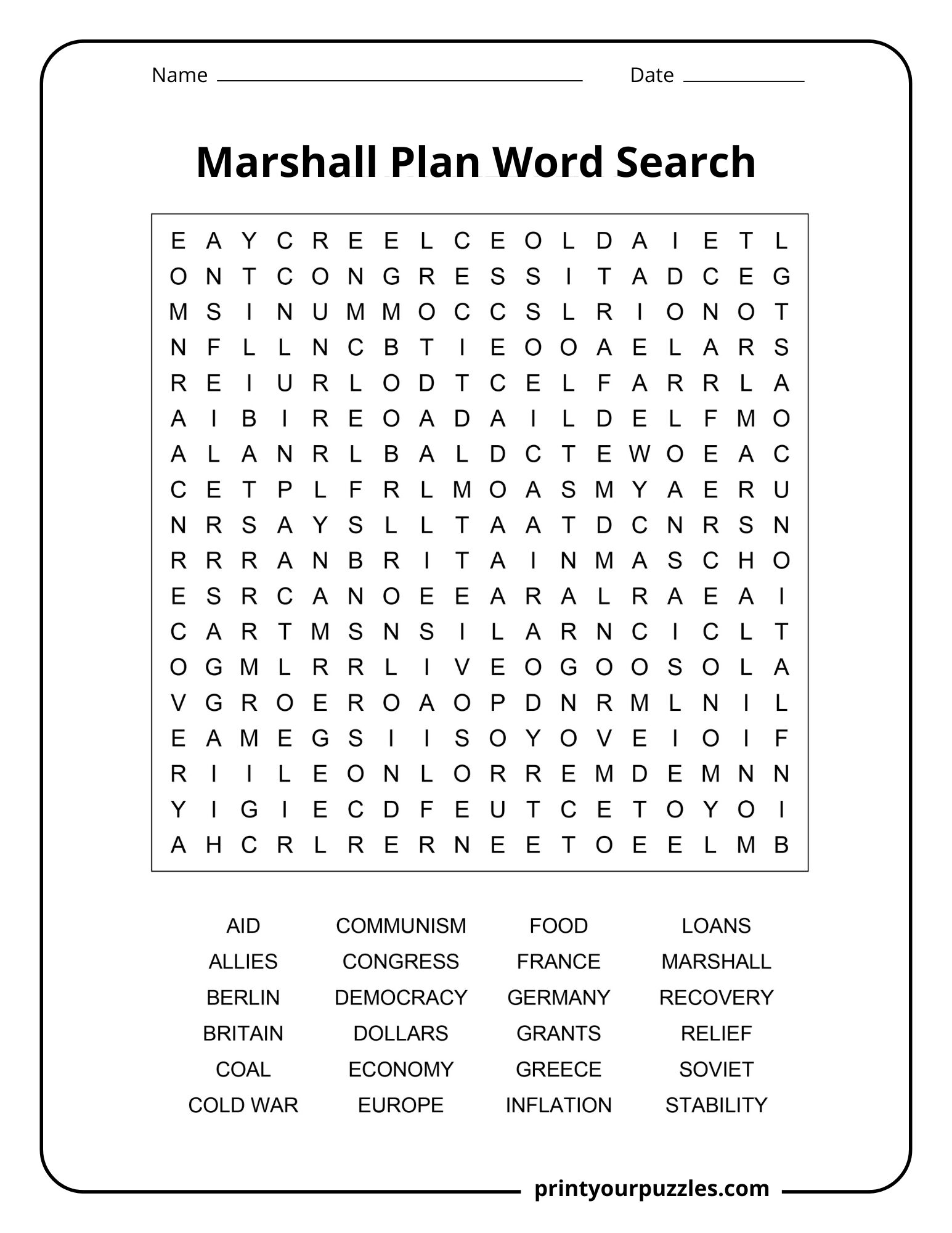 Medium-difficulty Marshall Plan word search with a clear grid and key post-WWII terms like Germany, Congress, and aid.