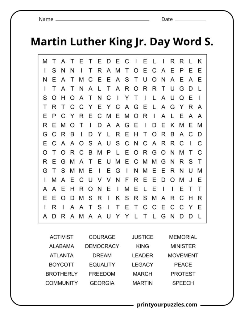 Medium-difficulty Martin Luther King Jr. Day word search puzzle with themed vocabulary and a clean grid design.