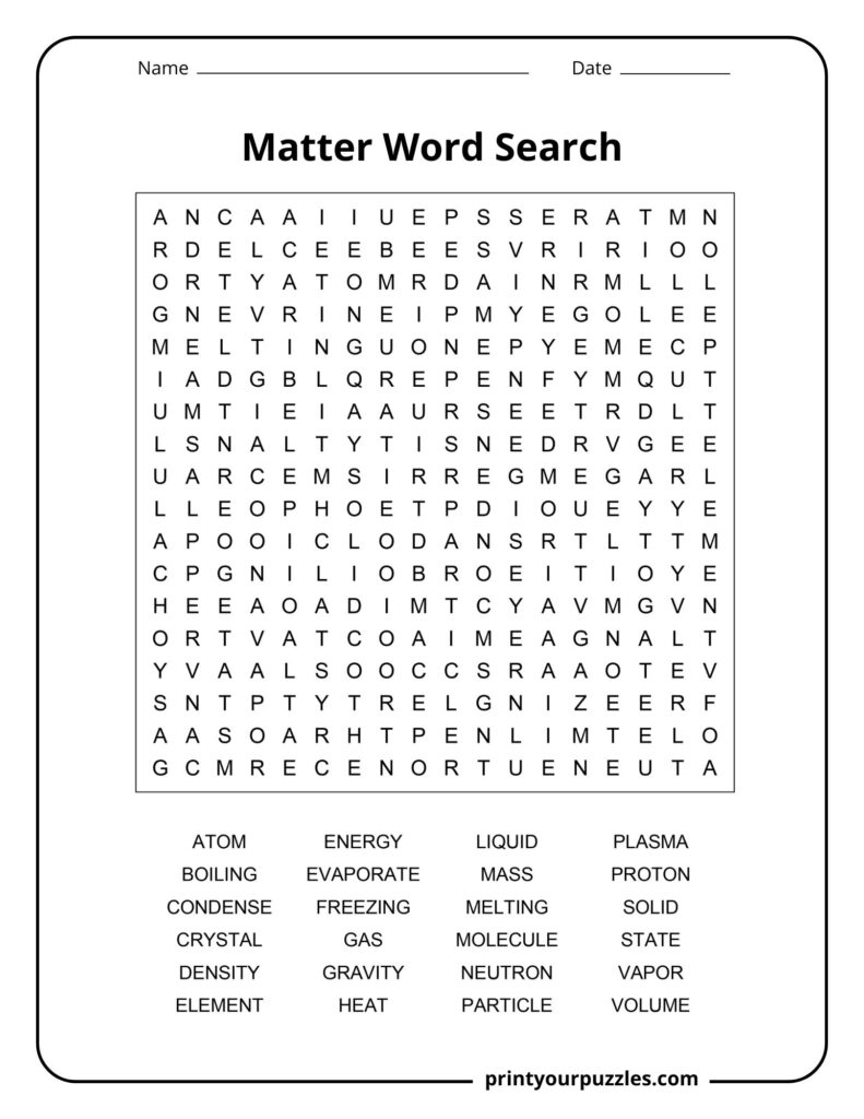 Medium difficulty matter word search with key states of matter vocabulary.
