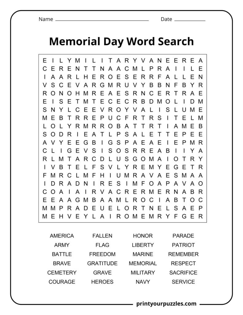 Challenging Memorial Day word search puzzle featuring military, patriotic, and remembrance-themed vocabulary.