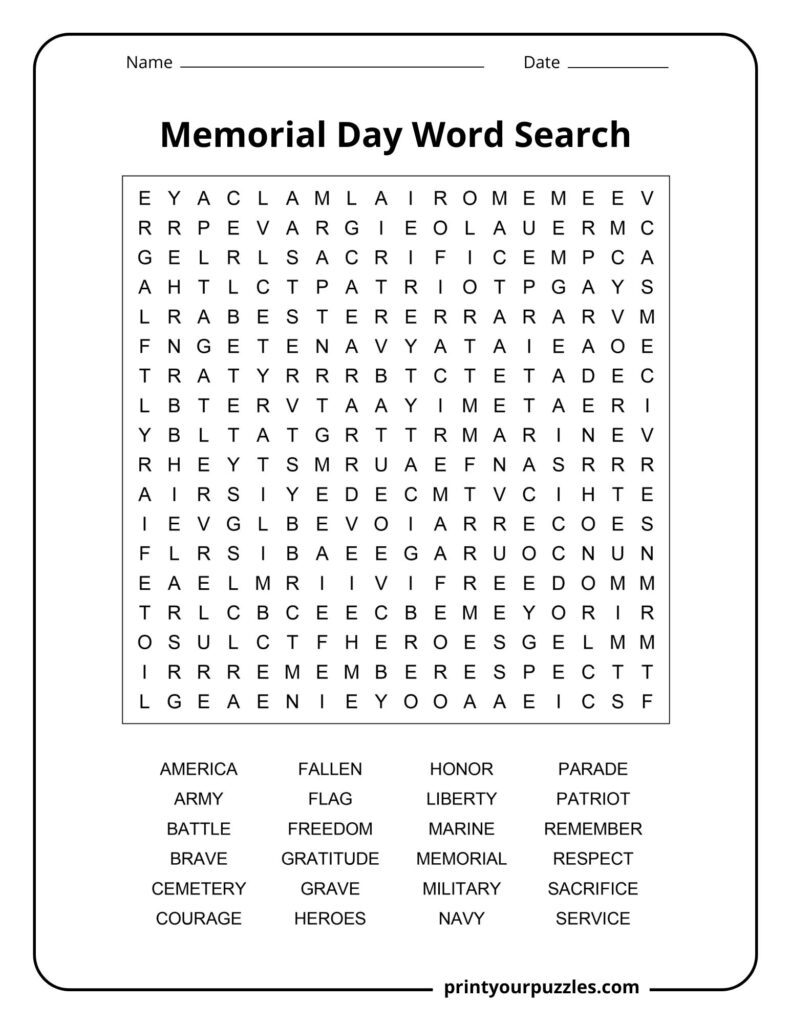 Medium-level Memorial Day word search puzzle focused on military, patriotism, and remembrance-related terms.