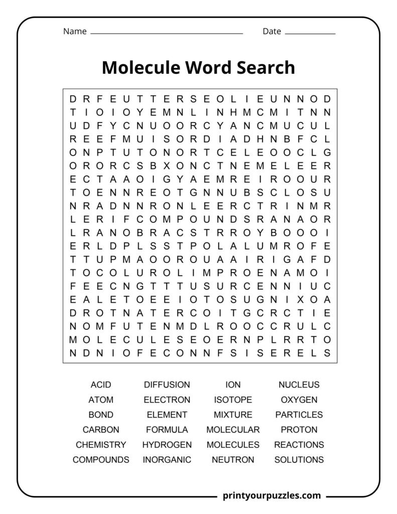 Challenging molecule word search featuring scientific terms like atom, isotope, compounds, proton, and reactions.