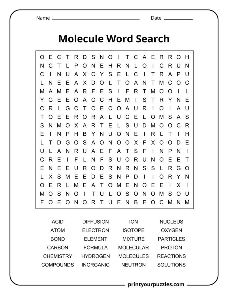 Medium-difficulty molecule word search containing chemistry words like carbon, ion, mixture, hydrogen, and formula.