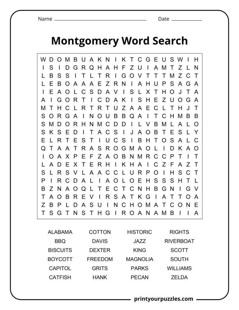 Hard Montgomery word search puzzle with Alabama history and culture themed words.