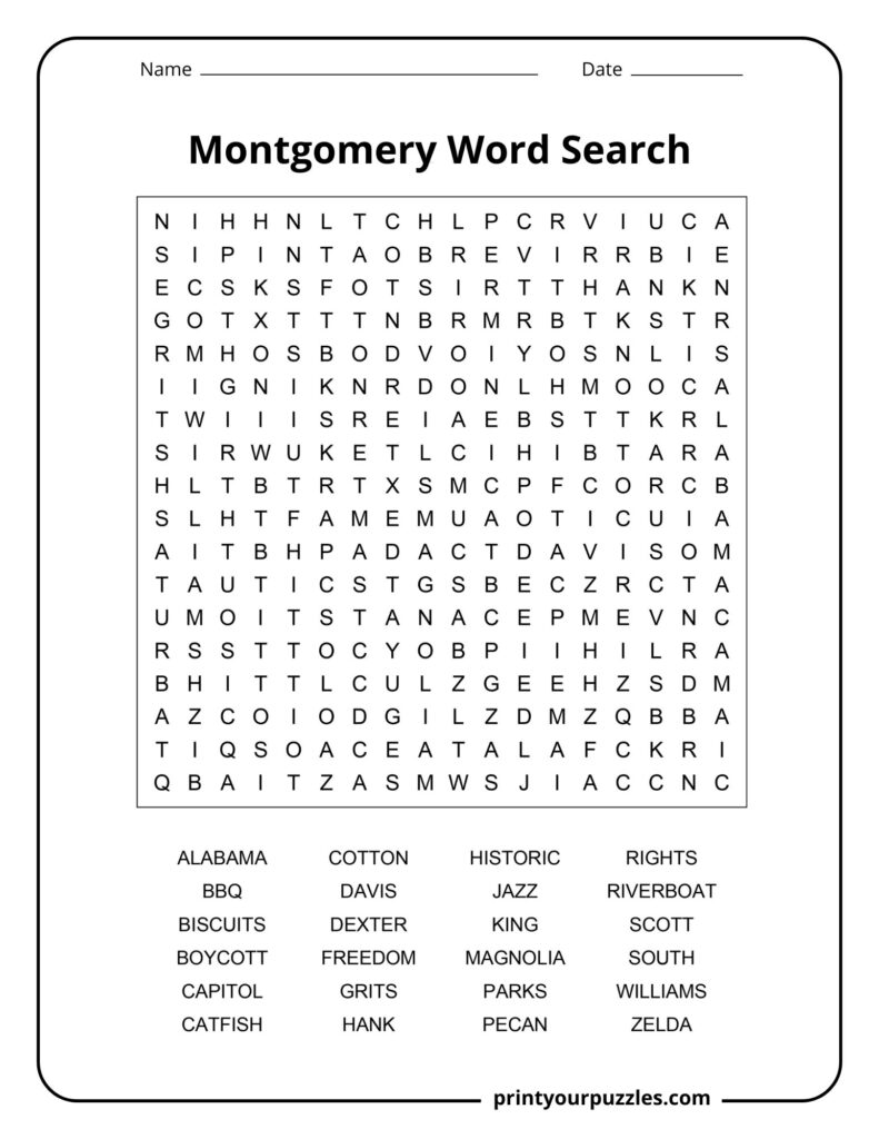 Medium difficulty Montgomery word search puzzle with Alabama heritage and landmark words.