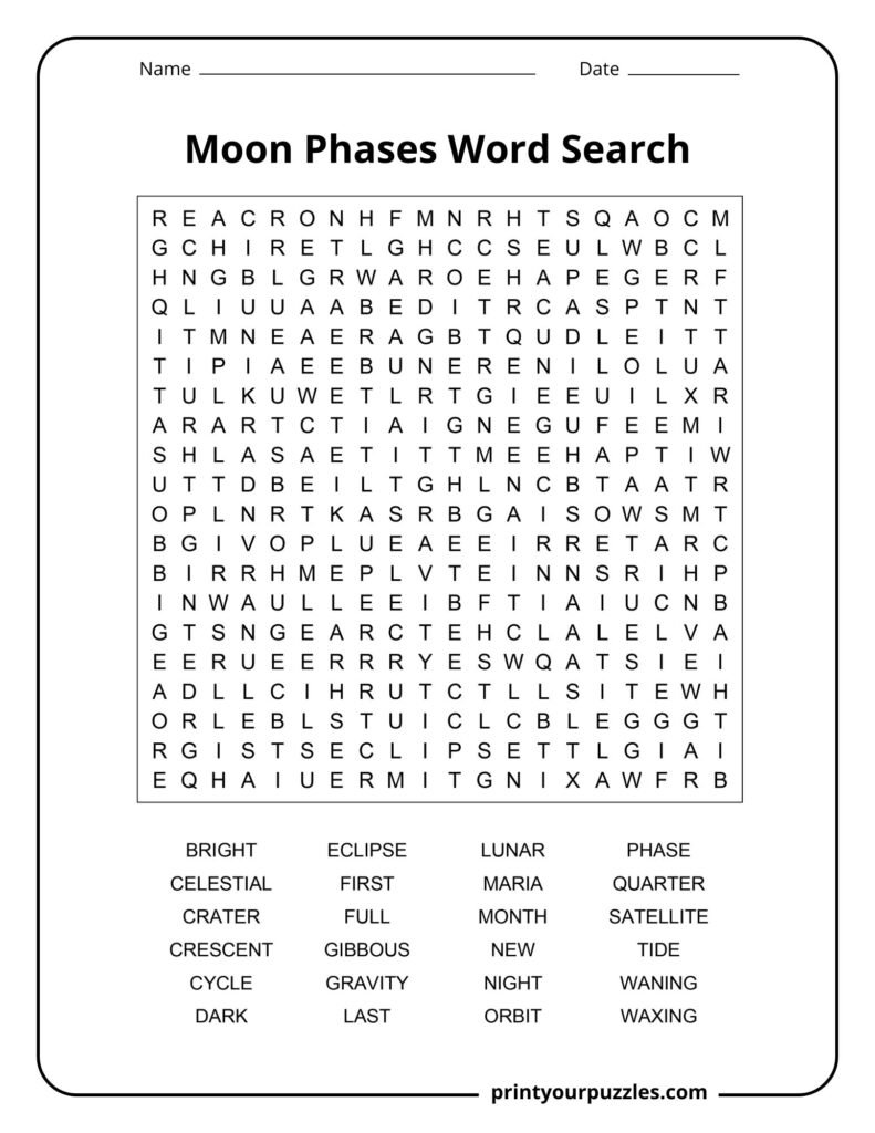 Hard moon phases word search puzzle with lunar cycle vocabulary in a large printable grid.