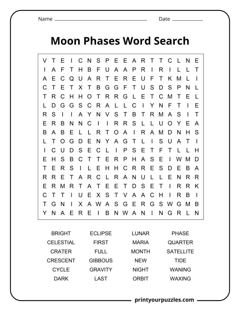 Medium moon phases word search puzzle with key lunar cycle and astronomy terms.