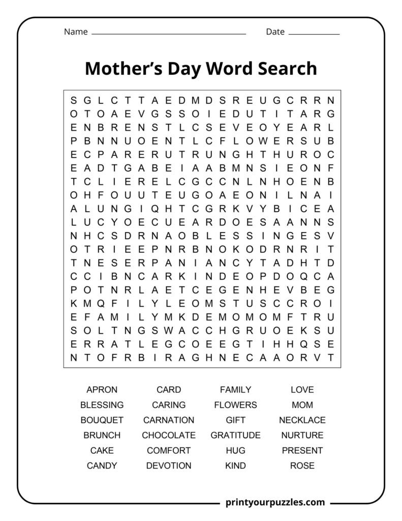 Mother's Day word search puzzle featuring a large letter grid and themed words celebrating moms, love, and gratitude.