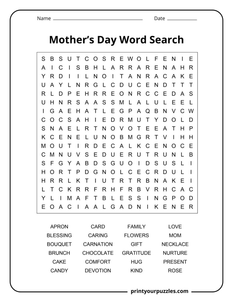 Medium-difficulty Mother’s Day word search with a balanced grid and 24 themed words honoring moms and family love.