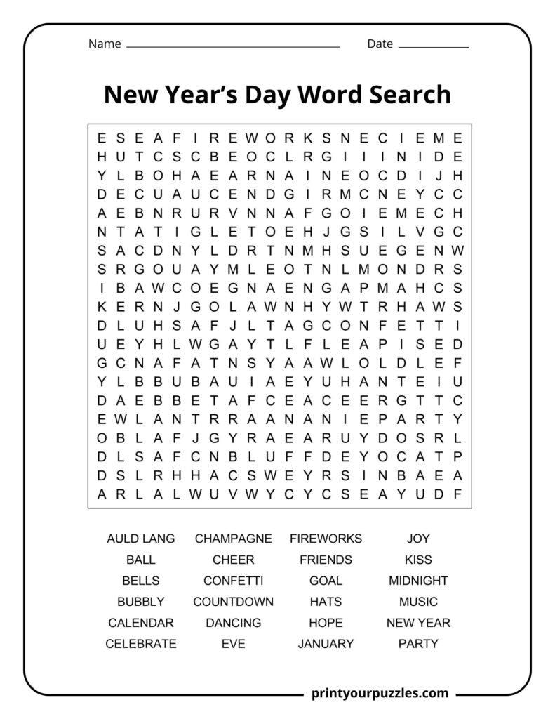 Challenging New Year's Day word search puzzle featuring celebration, countdown, and holiday-themed vocabulary.