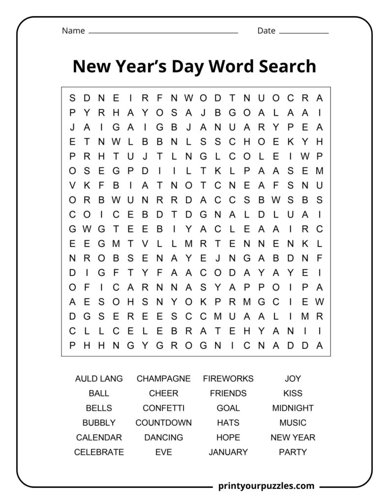 Medium-difficulty New Year's Day word search puzzle with holiday celebration words in a clear, easy-to-read grid.