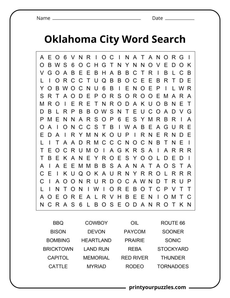 Challenging Oklahoma City word search featuring terms like Bricktown, Cowboy, Route 66, Red River, Thunder, and Stockyard.