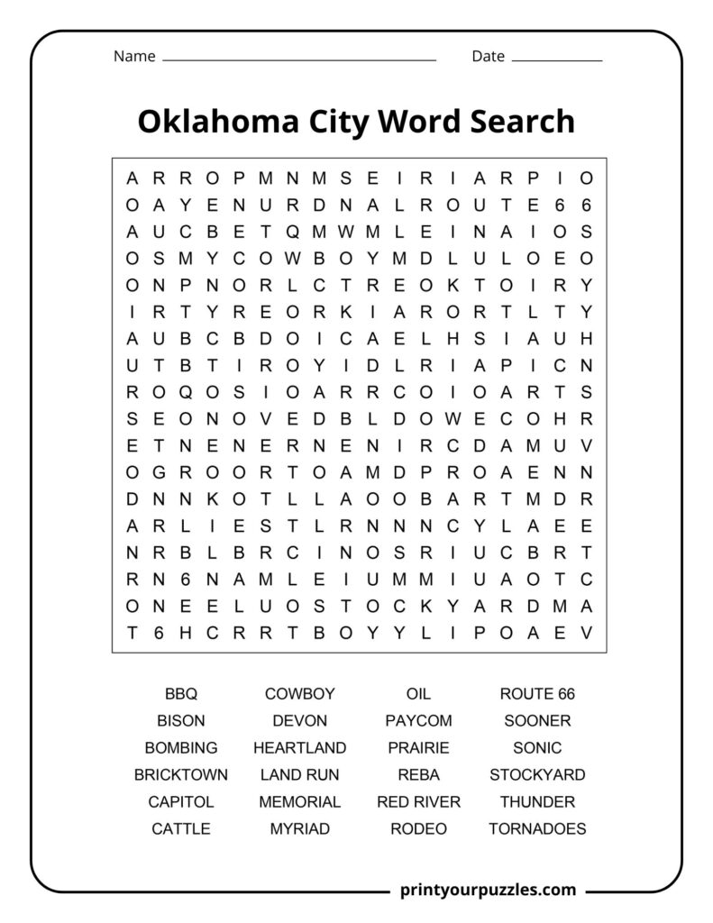 Medium-difficulty Oklahoma City word search featuring Bricktown, Cowboy, Prairie, Red River, Thunder, and Route 66.